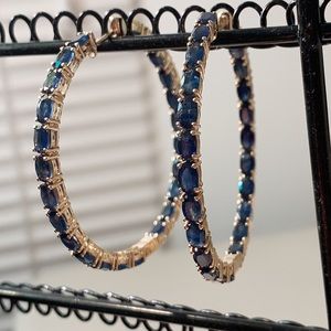 18K Yellow Gold Blue Sapphire Round Hoop Earrings